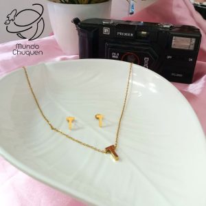 cadena y aretes letra T