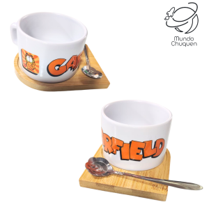 Mug Garfield  con base madera y cucharita mesclador
